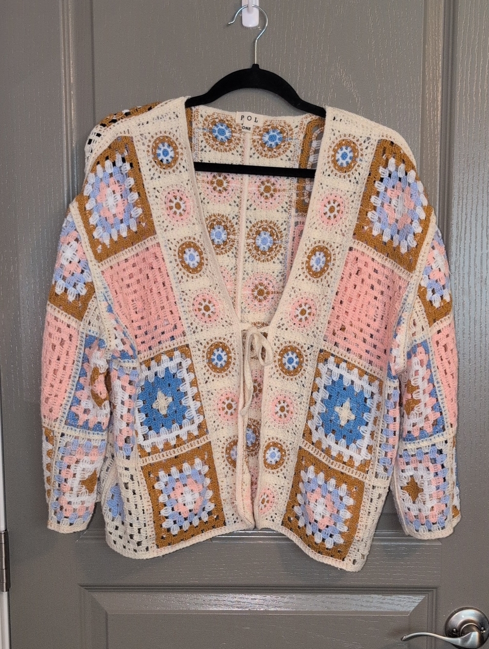 POL Crochet Patchwork Open Cardigan Sweater - Pink, Blue & Brown